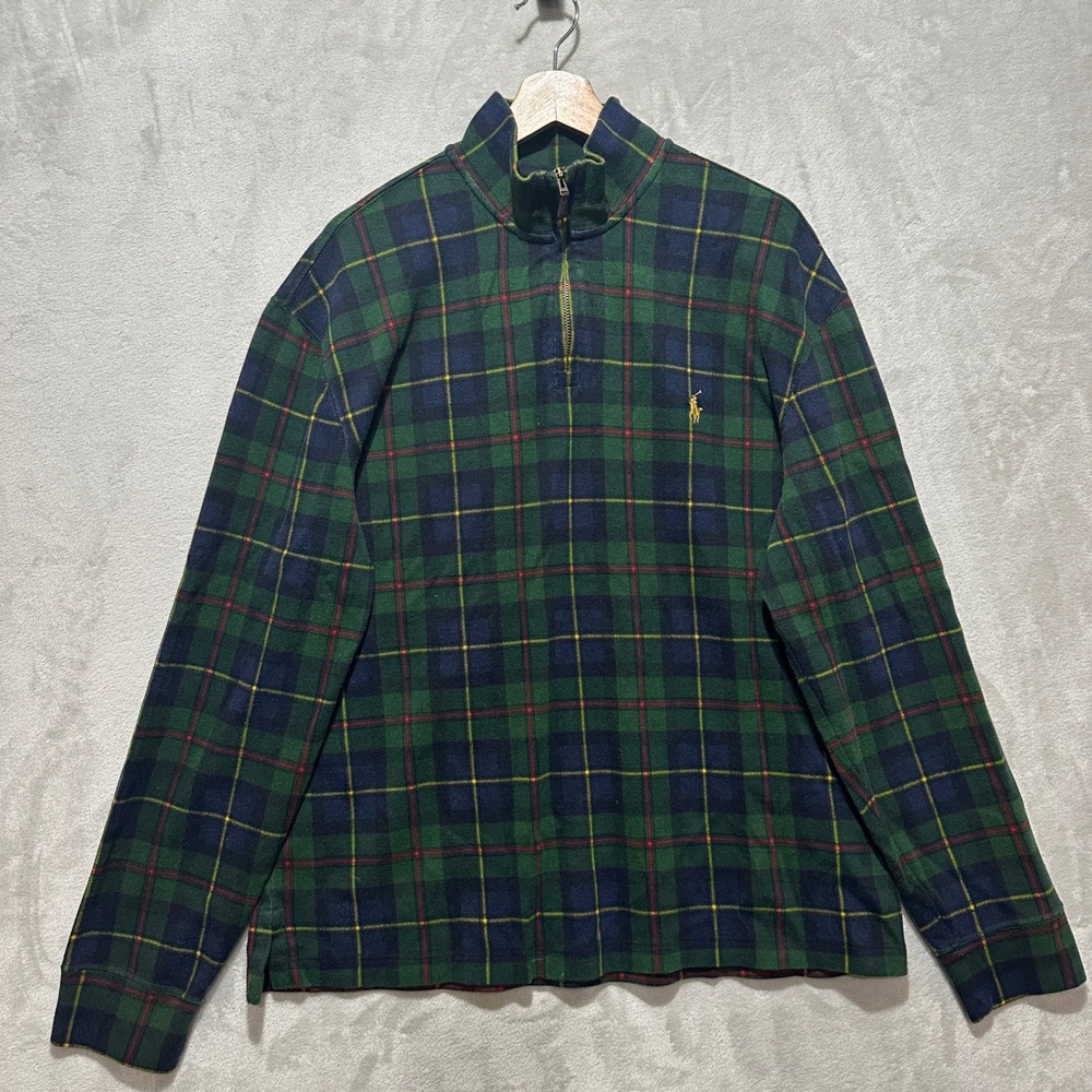Polo Ralph Lauren Mens Green Tartan Plaid 1/4 Zip Pullover Sweater Large